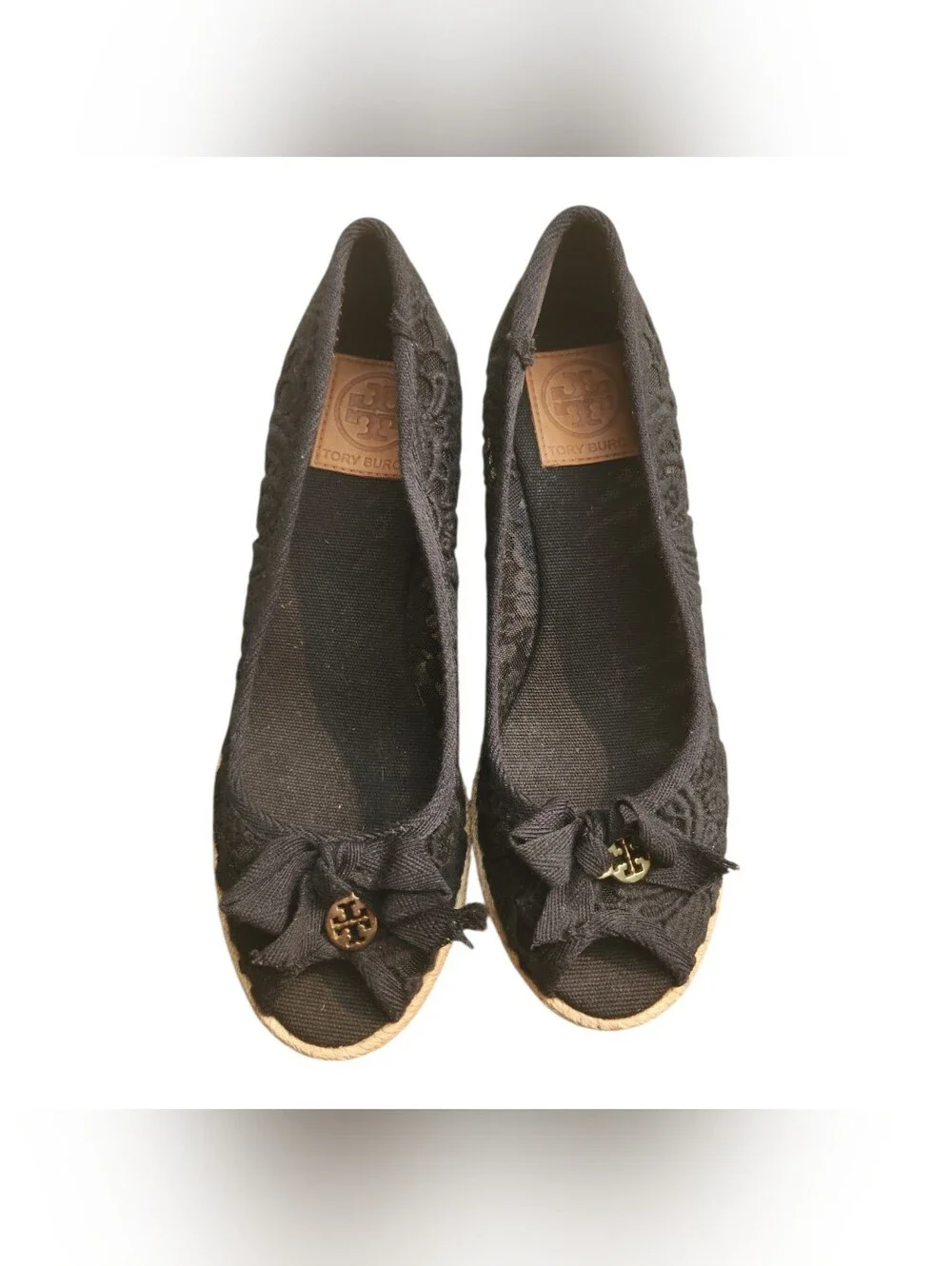 Tory Burch Jackie Espadrilles Wedge Peep Toe Black Canvas Women's 8 Coastal Chic